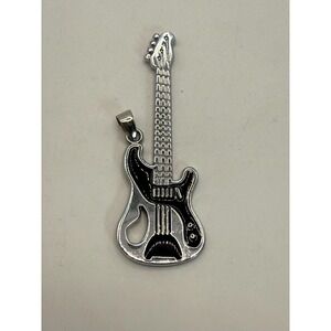 Silver Tone Electric Guitar Pendant – Black Enamel Rock Music Charm Pendant